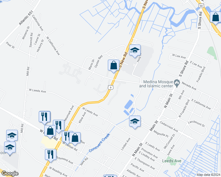 map of restaurants, bars, coffee shops, grocery stores, and more near 110 Manor Drive in Absecon