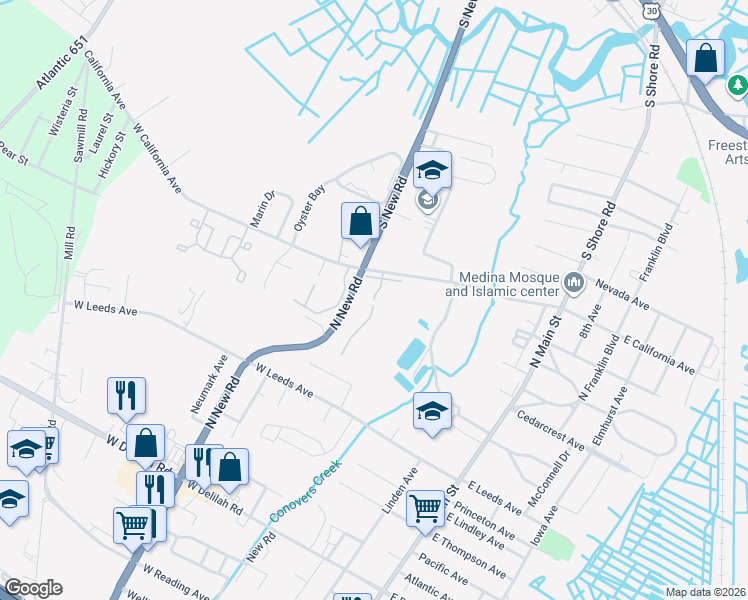 map of restaurants, bars, coffee shops, grocery stores, and more near 112 Manor Drive in Absecon