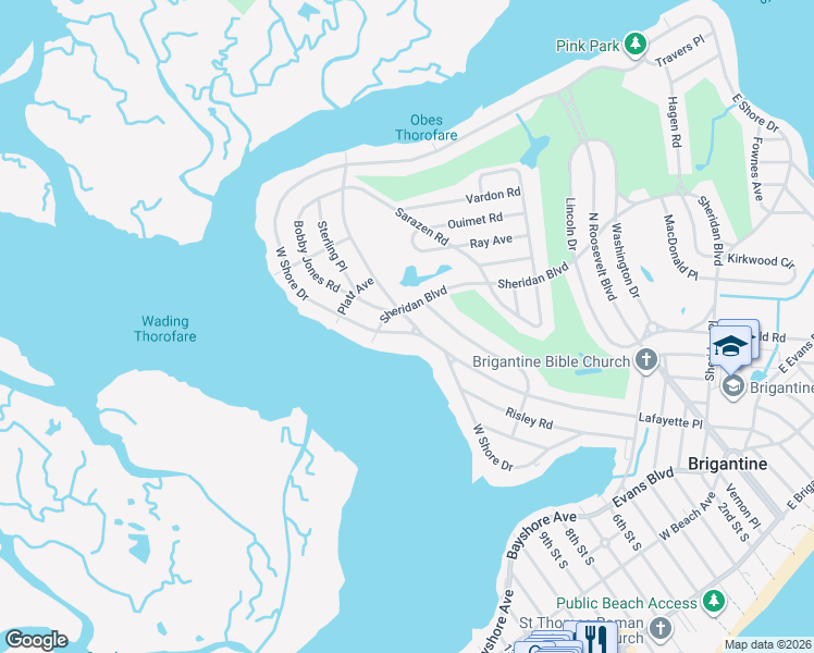 map of restaurants, bars, coffee shops, grocery stores, and more near 553 West Shore Drive in Brigantine
