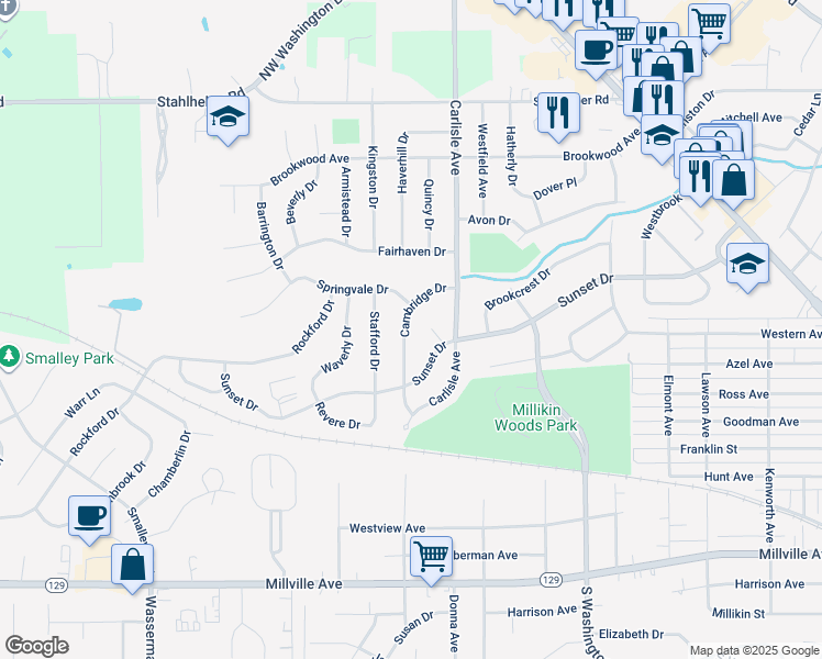 map of restaurants, bars, coffee shops, grocery stores, and more near 260 Cambridge Drive in Hamilton