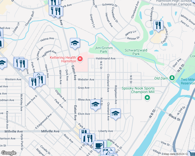map of restaurants, bars, coffee shops, grocery stores, and more near 708 Webster Avenue in Hamilton