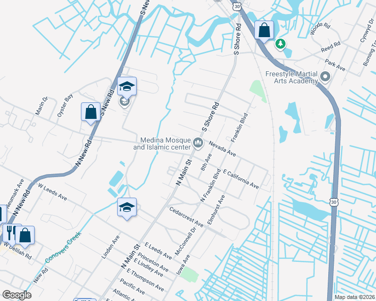 map of restaurants, bars, coffee shops, grocery stores, and more near 10 West California Avenue in Absecon