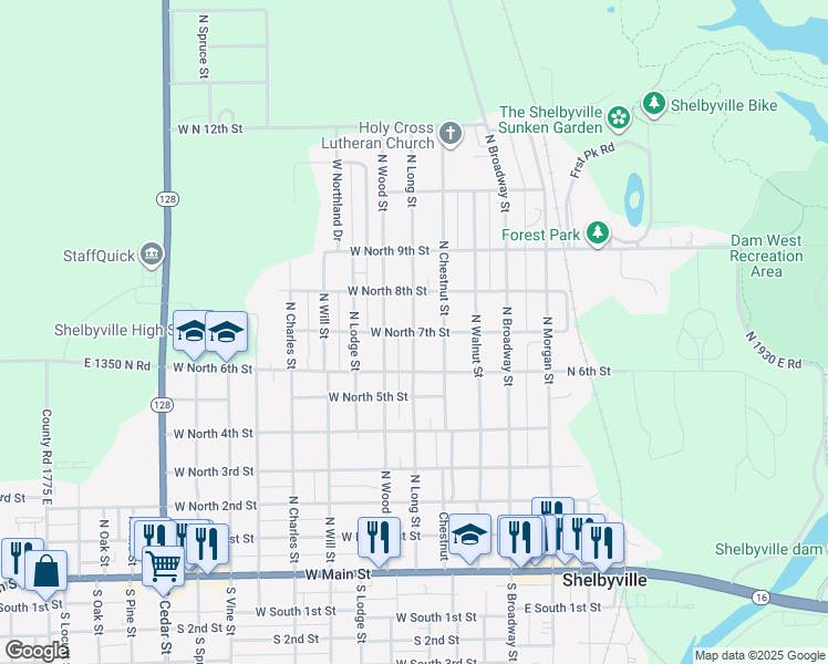 map of restaurants, bars, coffee shops, grocery stores, and more near 399 West North 7th Street in Shelbyville