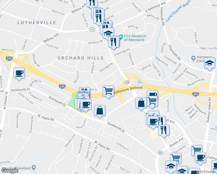map of restaurants, bars, coffee shops, grocery stores, and more near 23 Dublin Drive in Lutherville-Timonium