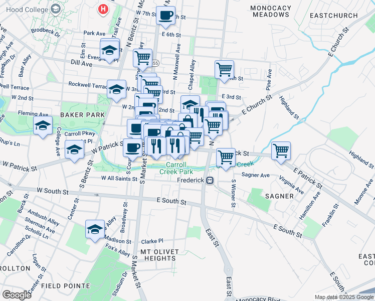 map of restaurants, bars, coffee shops, grocery stores, and more near in Frederick