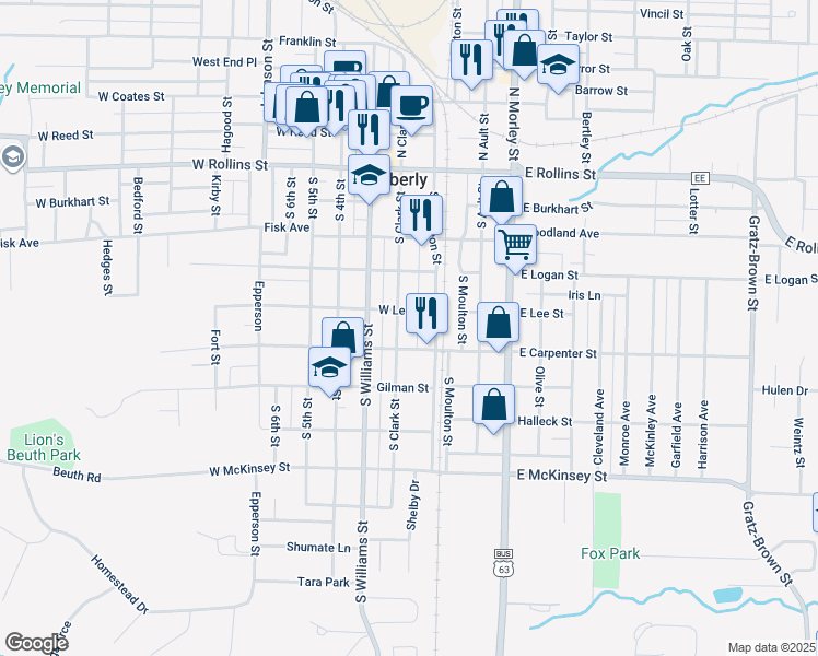 map of restaurants, bars, coffee shops, grocery stores, and more near 510 South Clark Street in Moberly