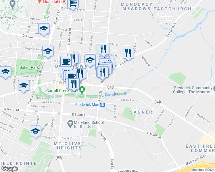map of restaurants, bars, coffee shops, grocery stores, and more near 317B East Patrick Street in Frederick