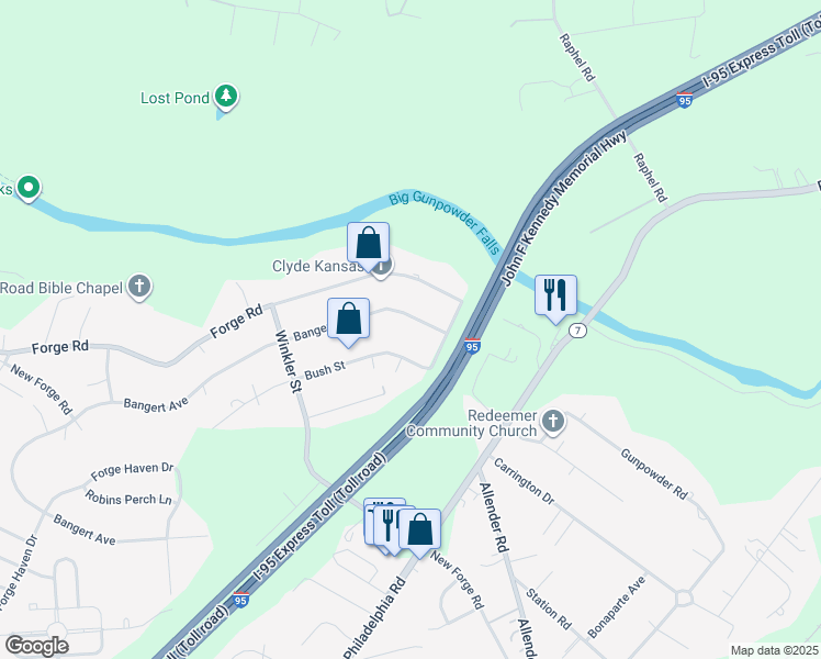 map of restaurants, bars, coffee shops, grocery stores, and more near 5415 Bangert Avenue in White Marsh