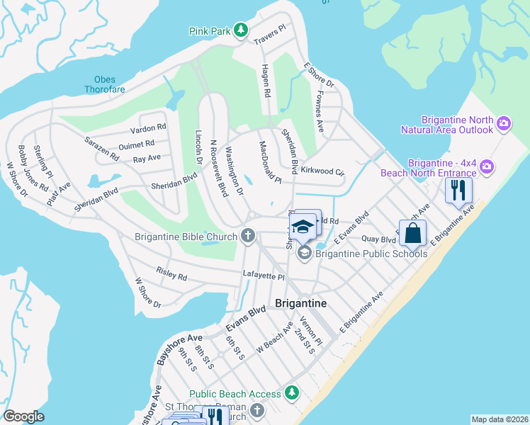 map of restaurants, bars, coffee shops, grocery stores, and more near 11 Heald Circle in Brigantine