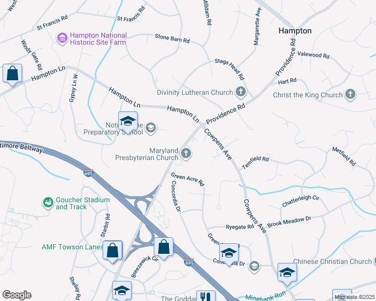 map of restaurants, bars, coffee shops, grocery stores, and more near 1109 Providence Road in Towson