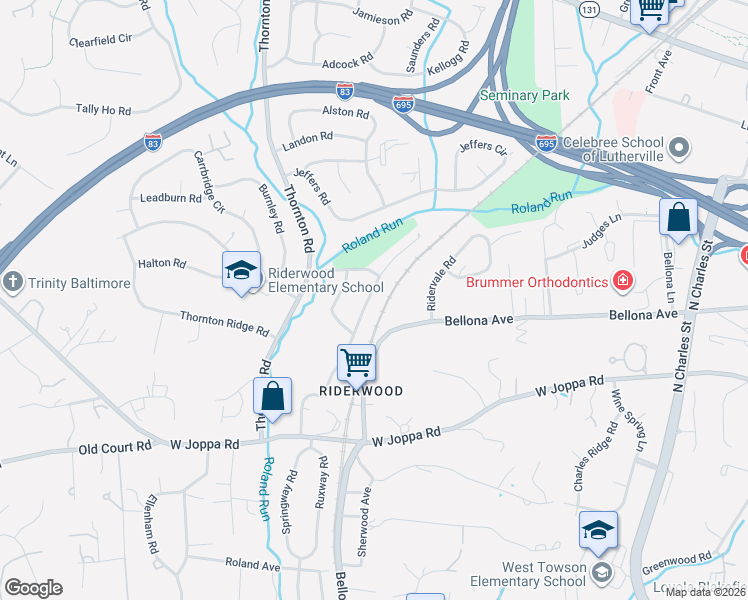 map of restaurants, bars, coffee shops, grocery stores, and more near 8119 Rider Avenue in Towson