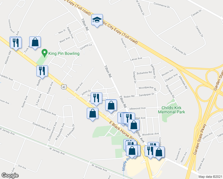 map of restaurants, bars, coffee shops, grocery stores, and more near 2599 Tilton Road in Egg Harbor Township