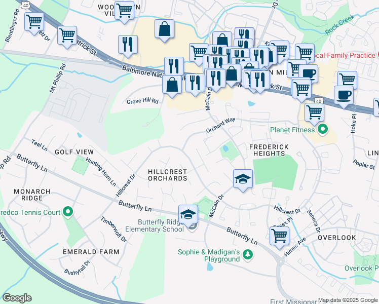 map of restaurants, bars, coffee shops, grocery stores, and more near 1337 Hillcrest Drive in Frederick