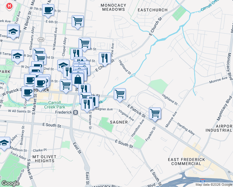 map of restaurants, bars, coffee shops, grocery stores, and more near 423B East Patrick Street in Frederick