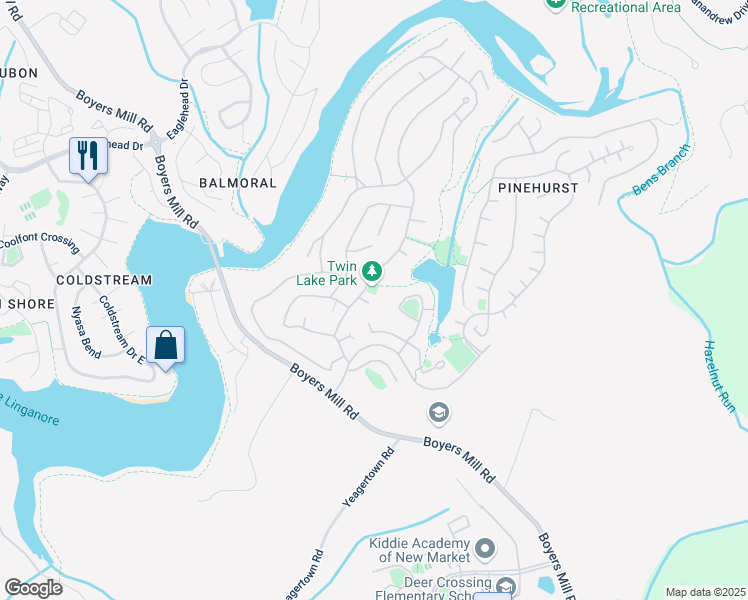 map of restaurants, bars, coffee shops, grocery stores, and more near 6598 Twin Lake Court in New Market