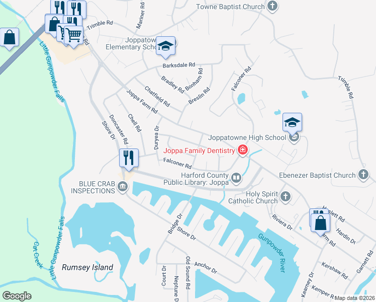 map of restaurants, bars, coffee shops, grocery stores, and more near 805 Foxwell Road in Harford County