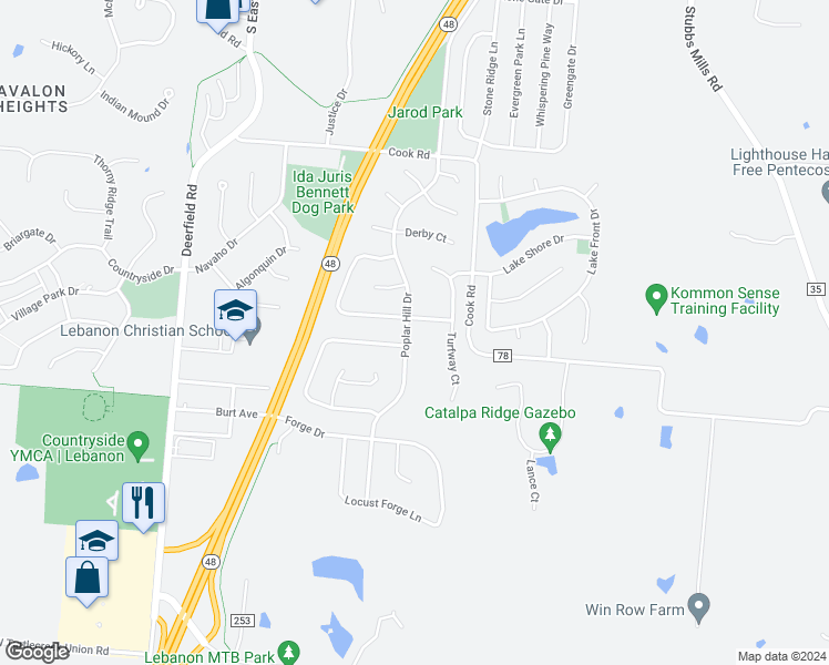 map of restaurants, bars, coffee shops, grocery stores, and more near 1194 Poplar Hill Drive in Lebanon