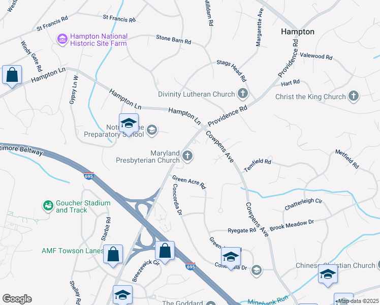 map of restaurants, bars, coffee shops, grocery stores, and more near 1109 Providence Road in Towson