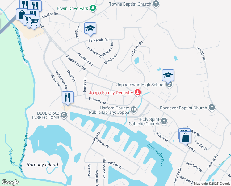 map of restaurants, bars, coffee shops, grocery stores, and more near 714 Ferguson Road in Harford County