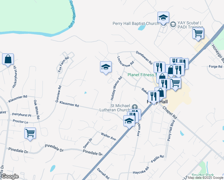 map of restaurants, bars, coffee shops, grocery stores, and more near 9524 Holiday Manor Road in Nottingham