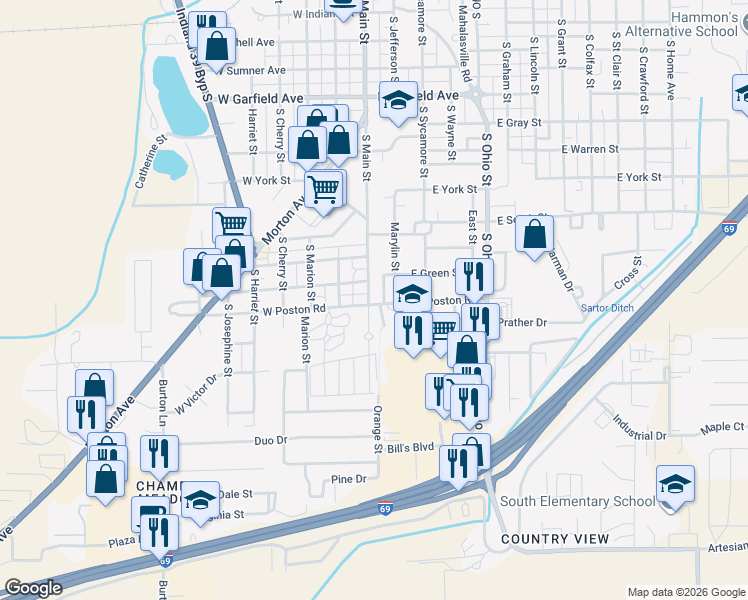 map of restaurants, bars, coffee shops, grocery stores, and more near 1460 South Main Street in Martinsville