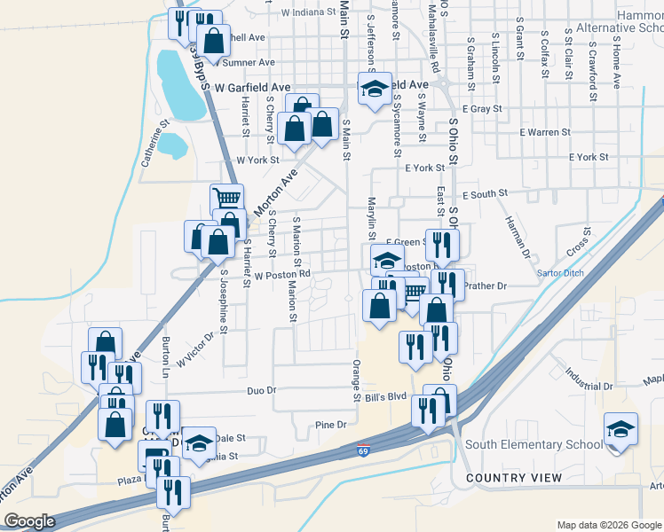 map of restaurants, bars, coffee shops, grocery stores, and more near 1460 South Main Street in Martinsville