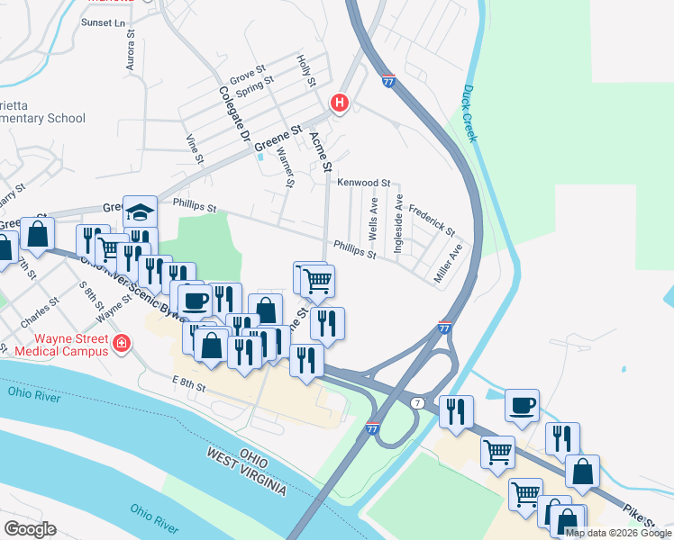 map of restaurants, bars, coffee shops, grocery stores, and more near 714 Phillips Street in Marietta