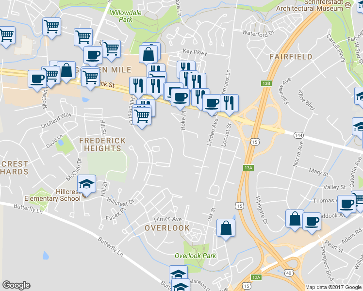 map of restaurants, bars, coffee shops, grocery stores, and more near 100 Hoke Place in Frederick