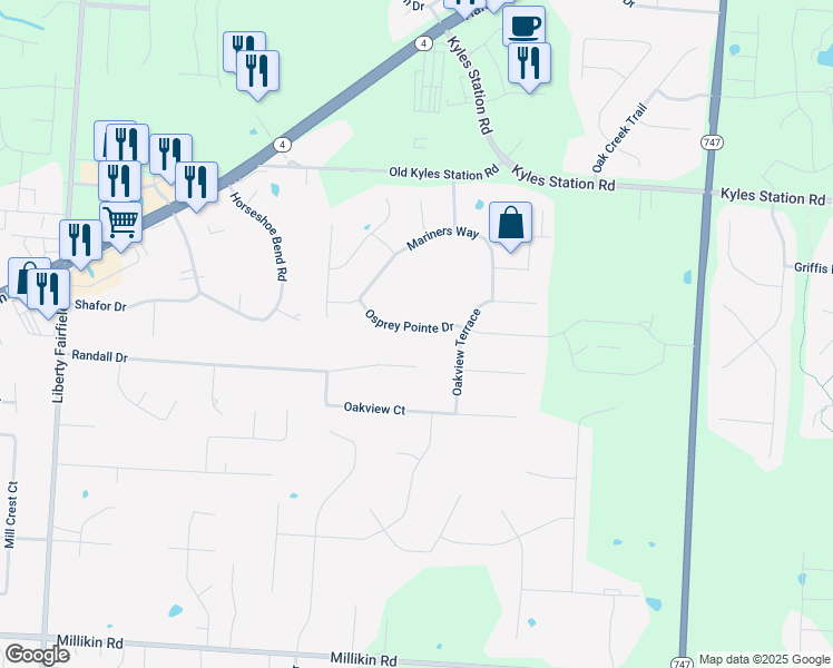 map of restaurants, bars, coffee shops, grocery stores, and more near 4635 Osprey Pointe Drive in Butler County