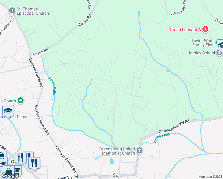 map of restaurants, bars, coffee shops, grocery stores, and more near 314 Golf Course Road in Owings Mills
