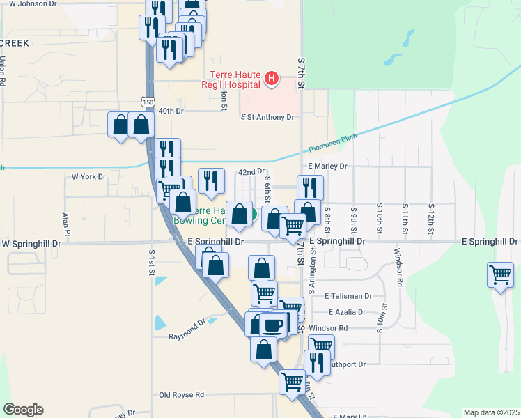 map of restaurants, bars, coffee shops, grocery stores, and more near 658 East 43rd 1/2 Drive in Terre Haute