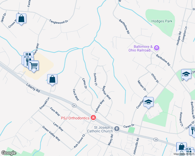 map of restaurants, bars, coffee shops, grocery stores, and more near 778 Sussex Court in Eldersburg