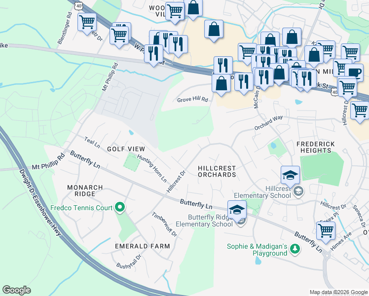 map of restaurants, bars, coffee shops, grocery stores, and more near 491 Hobnail Court in Frederick