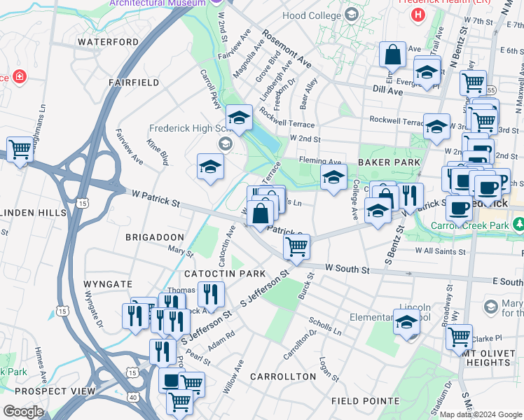 map of restaurants, bars, coffee shops, grocery stores, and more near 12 West College Terrace in Frederick