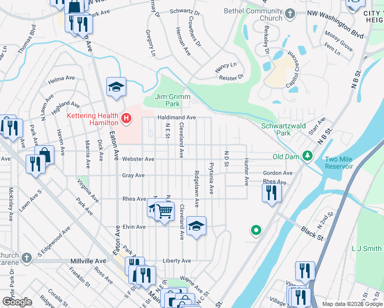 map of restaurants, bars, coffee shops, grocery stores, and more near 805 Ridgelawn Avenue in Hamilton