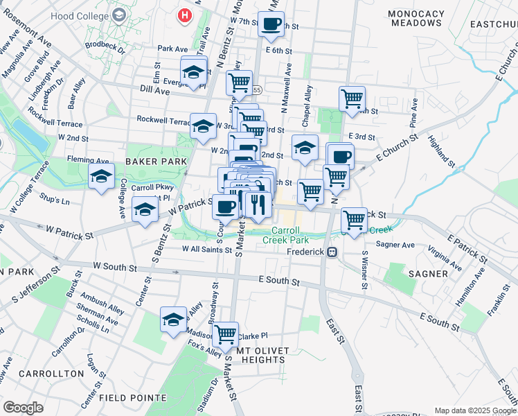 map of restaurants, bars, coffee shops, grocery stores, and more near 26 East Patrick Street in Frederick