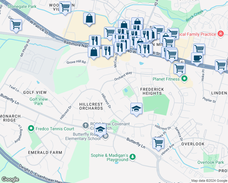 map of restaurants, bars, coffee shops, grocery stores, and more near 1359 David Lane in Frederick