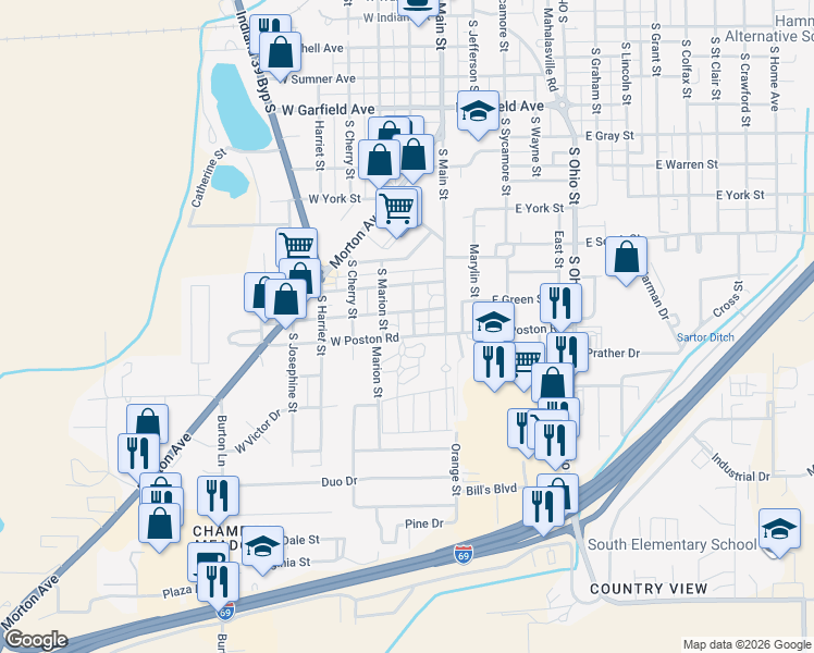 map of restaurants, bars, coffee shops, grocery stores, and more near 1480 South Mulberry Street in Martinsville