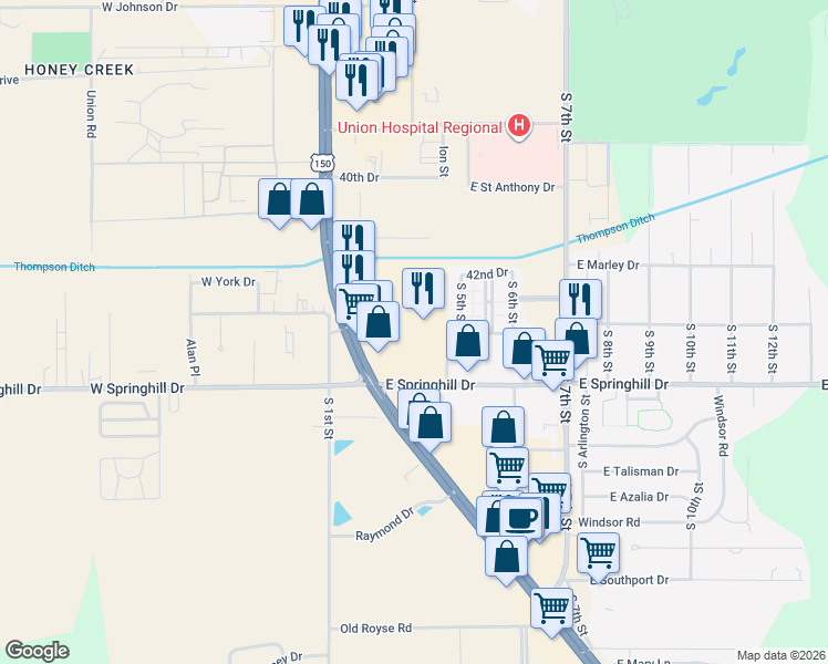map of restaurants, bars, coffee shops, grocery stores, and more near 4201 South 5th Street in Terre Haute