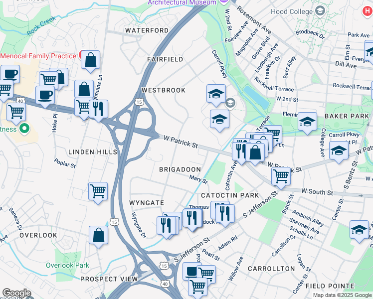 map of restaurants, bars, coffee shops, grocery stores, and more near 616 West Patrick Street in Frederick