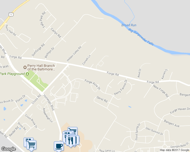 map of restaurants, bars, coffee shops, grocery stores, and more near 4707 Forge Road in Perry Hall