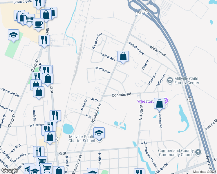 map of restaurants, bars, coffee shops, grocery stores, and more near 1801 Wheaton Avenue in Millville
