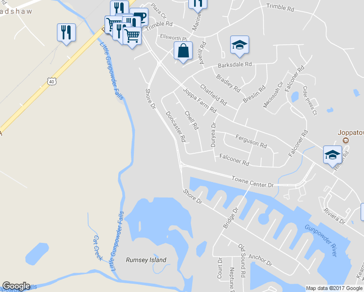 map of restaurants, bars, coffee shops, grocery stores, and more near 124 Doncaster Road in Harford County