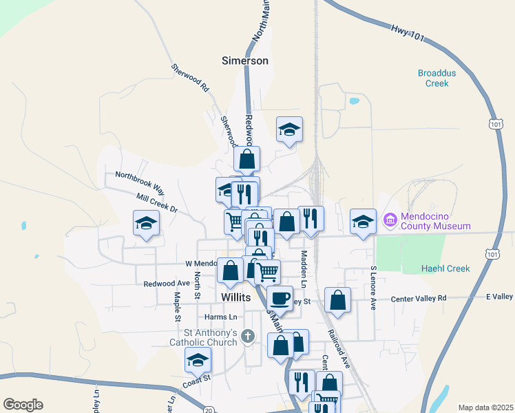 map of restaurants, bars, coffee shops, grocery stores, and more near 103 South Main Street in Willits