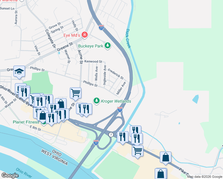 map of restaurants, bars, coffee shops, grocery stores, and more near 1013 Phillips Street in Marietta