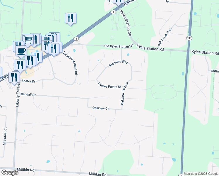 map of restaurants, bars, coffee shops, grocery stores, and more near 4635 Osprey Pointe Drive in Butler County