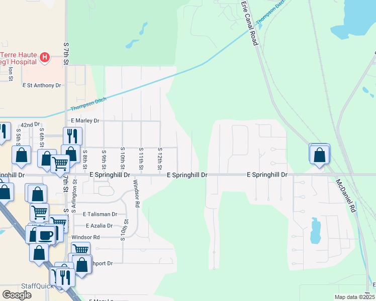 map of restaurants, bars, coffee shops, grocery stores, and more near 4200-4498 South Hilton Street in Terre Haute