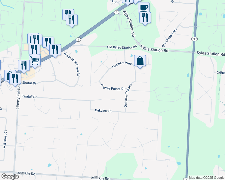 map of restaurants, bars, coffee shops, grocery stores, and more near 4635 Osprey Pointe Drive in Butler County