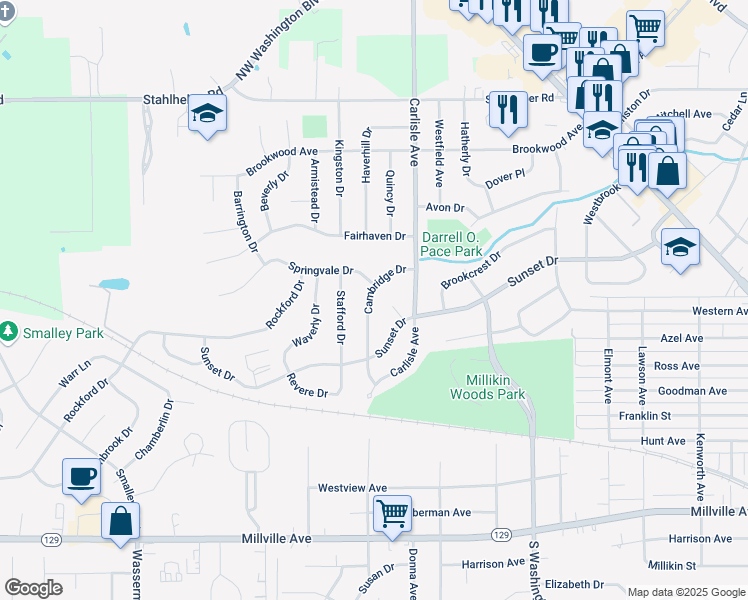map of restaurants, bars, coffee shops, grocery stores, and more near 260 Cambridge Drive in Hamilton