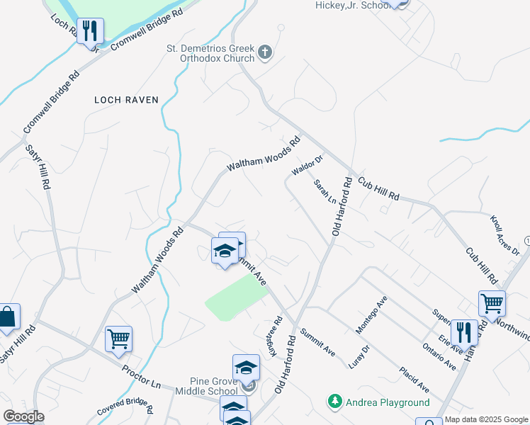 map of restaurants, bars, coffee shops, grocery stores, and more near 8 Tadmore Court in Parkville